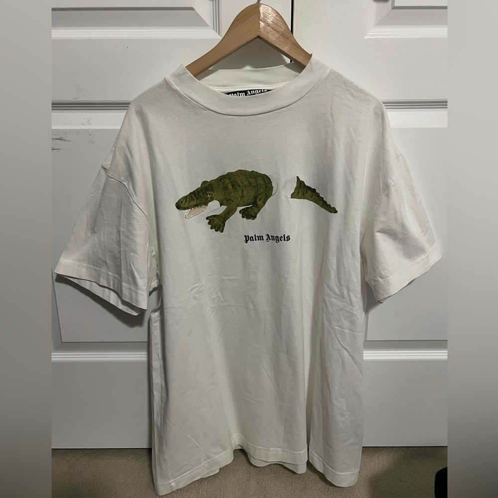 Palm Angels White T-Shirt with Green Crocodile